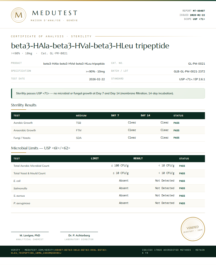 beta3-HAla-beta3-HVal-beta3-HLeu tripeptide Sterility report by Medutest