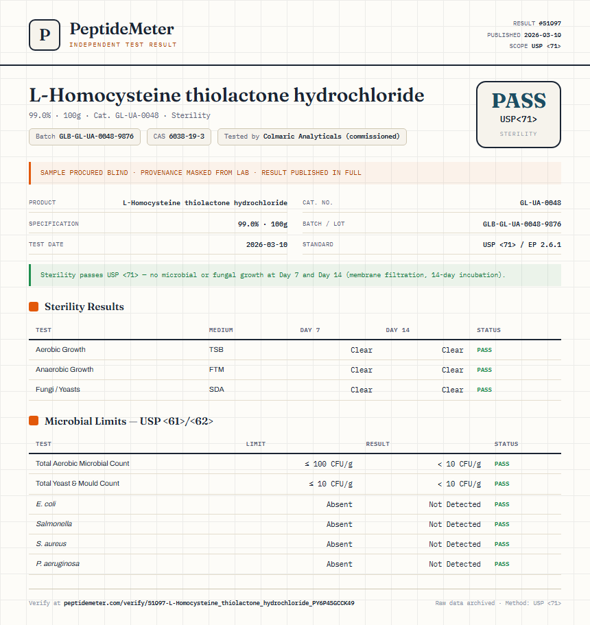 L-Homocysteine thiolactone hydrochloride Sterility report by PeptideMeter