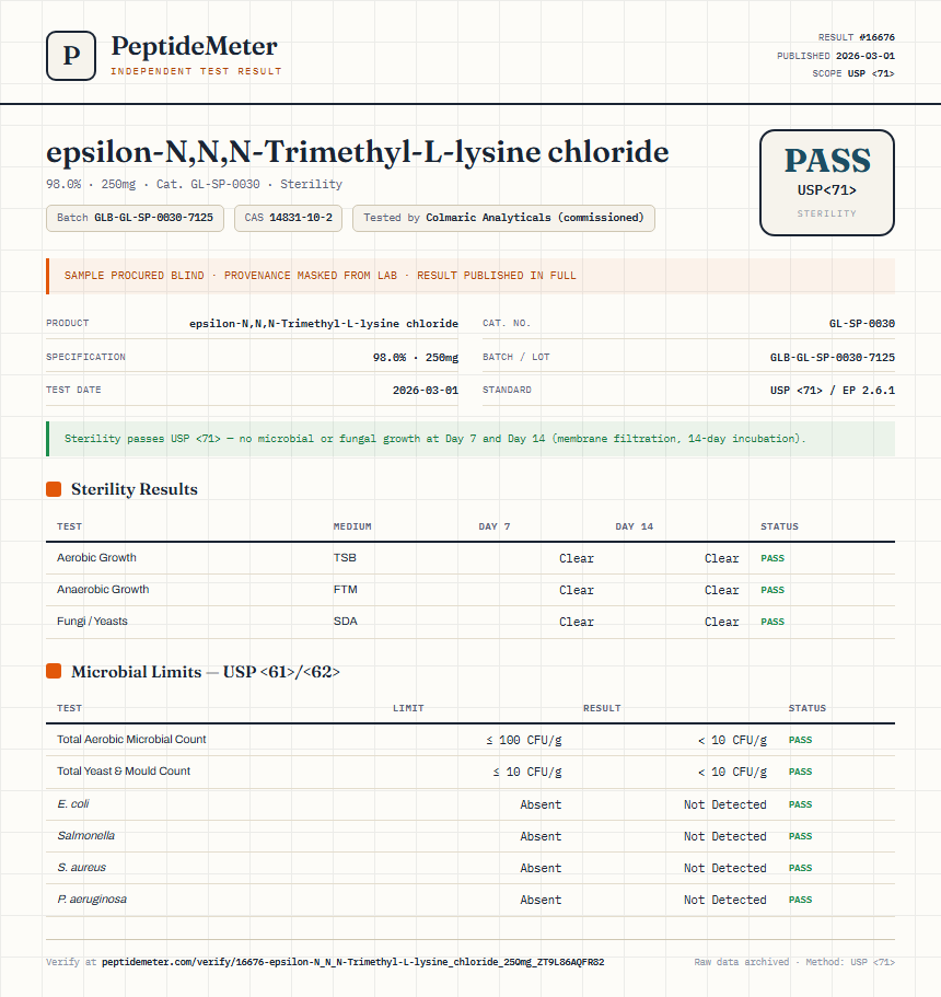 epsilon-N,N,N-Trimethyl-L-lysine chloride Sterility report by PeptideMeter