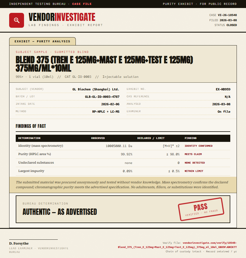 Blend 375 (Tren E 125mg+Mast E 125mg+Test E 125mg) 375mg/ml*10ml Purity (HPLC) report by VendorInvestigate