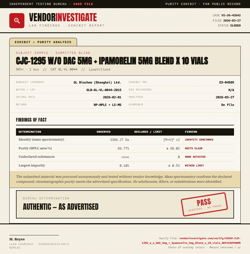 CJC-1295 w/o DAC 5mg + Ipamorelin 5mg Blend x 10 vials Purity (HPLC) report by VendorInvestigate