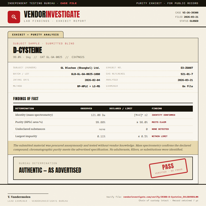 D-Cysteine Purity (HPLC) report by VendorInvestigate