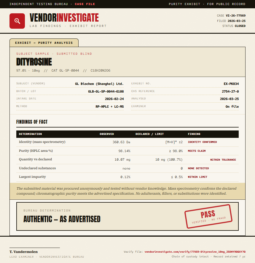Dityrosine Purity (HPLC) report by VendorInvestigate