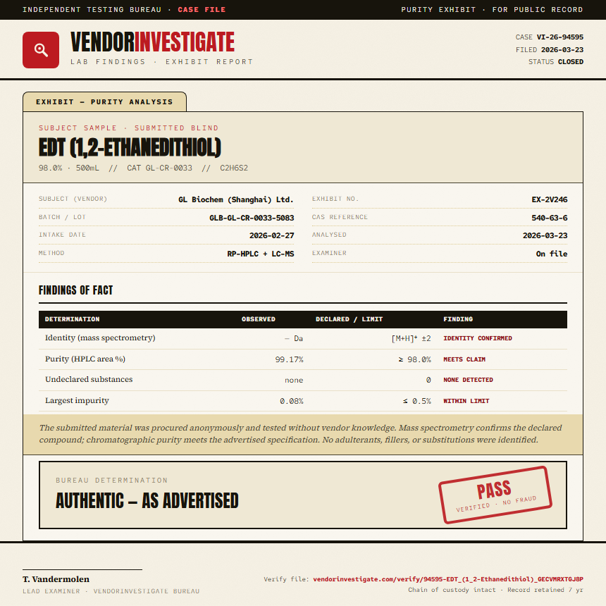 EDT (1,2-Ethanedithiol) Purity (HPLC) report by VendorInvestigate