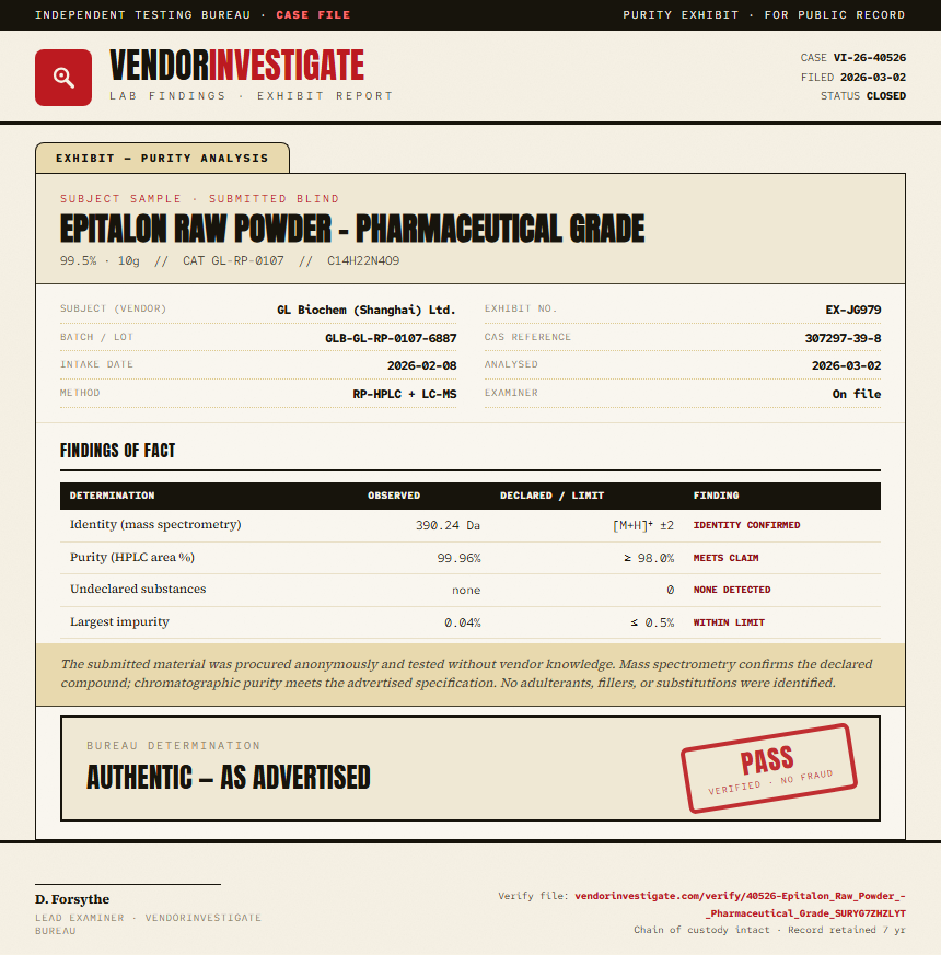 Epitalon Raw Powder - Pharmaceutical Grade Purity (HPLC) report by VendorInvestigate