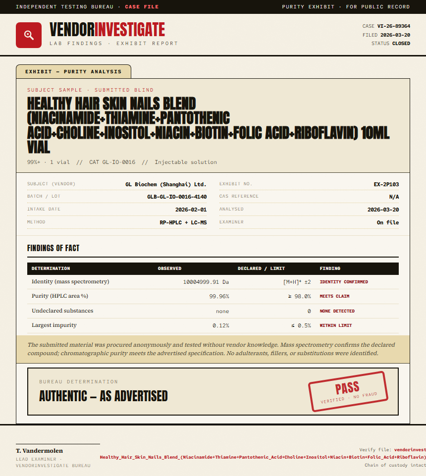 Healthy Hair Skin Nails Blend (Niacinamide+Thiamine+Pantothenic Acid+Choline+Inositol+Niacin+Biotin+Folic Acid+Riboflavin) 10ml vial Purity (HPLC) report by VendorInvestigate