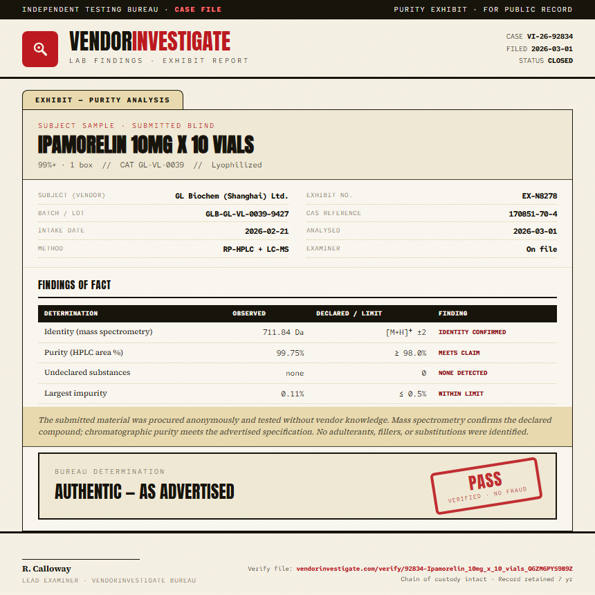 Ipamorelin 10mg x 10 vials Purity (HPLC) report by VendorInvestigate
