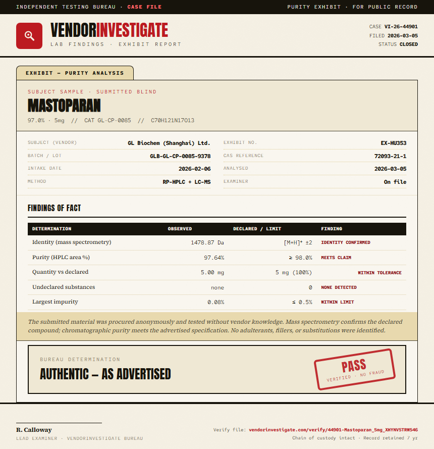 Mastoparan Purity (HPLC) report by VendorInvestigate