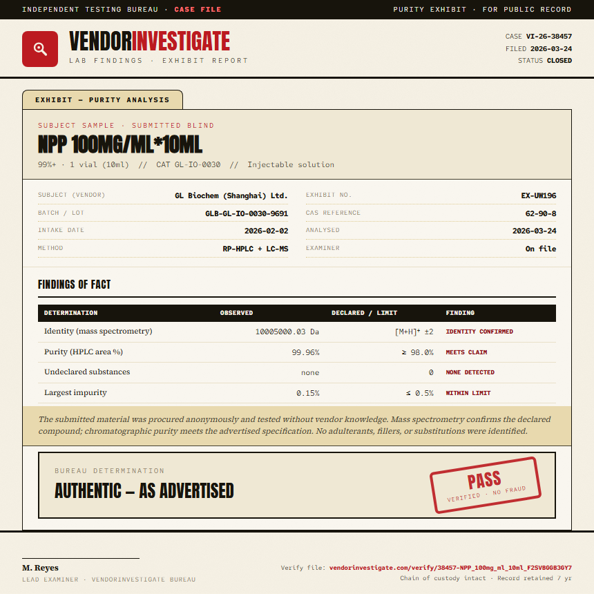 NPP 100mg/ml*10ml Purity (HPLC) report by VendorInvestigate