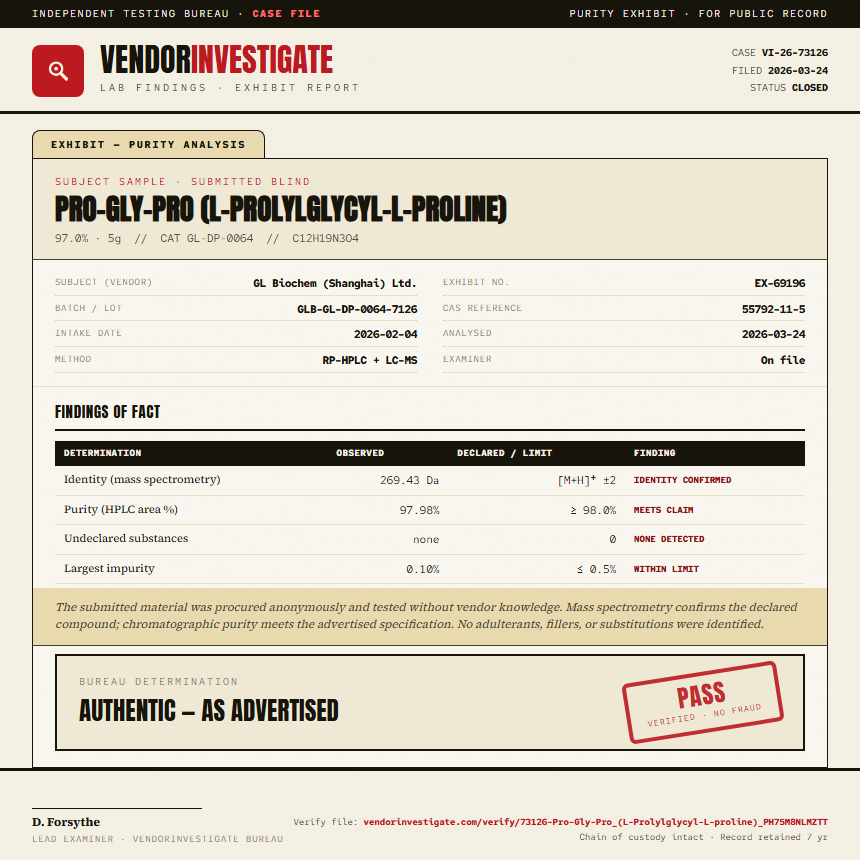 Pro-Gly-Pro (L-Prolylglycyl-L-proline) Purity (HPLC) report by VendorInvestigate