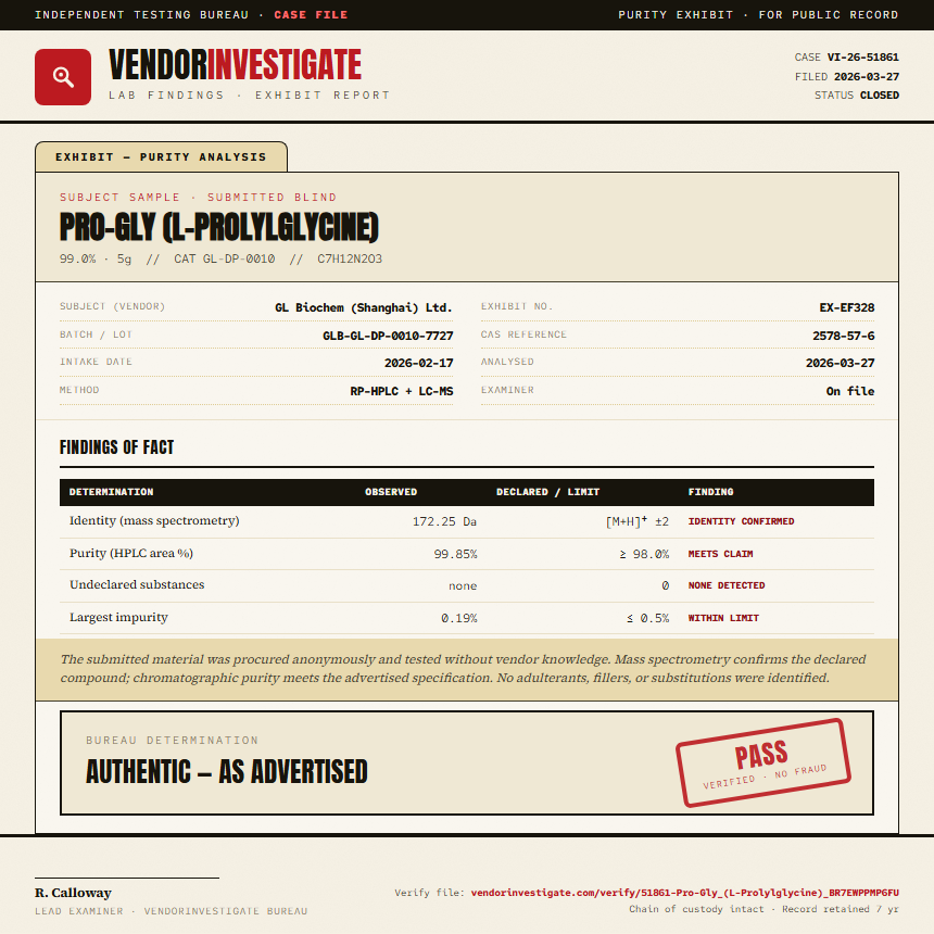 Pro-Gly (L-Prolylglycine) Purity (HPLC) report by VendorInvestigate