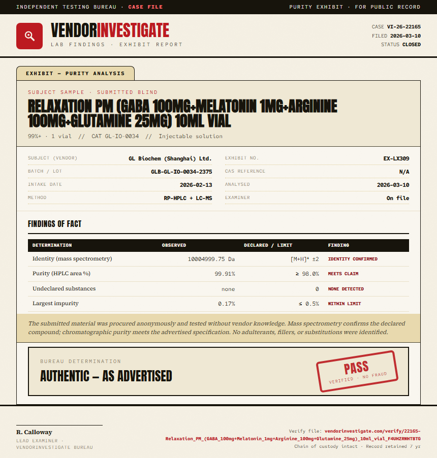Relaxation PM (GABA 100mg+Melatonin 1mg+Arginine 100mg+Glutamine 25mg) 10ml vial Purity (HPLC) report by VendorInvestigate