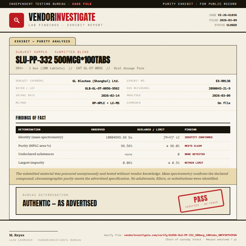 SLU-PP-332 500mcg*100tabs Purity (HPLC) report by VendorInvestigate