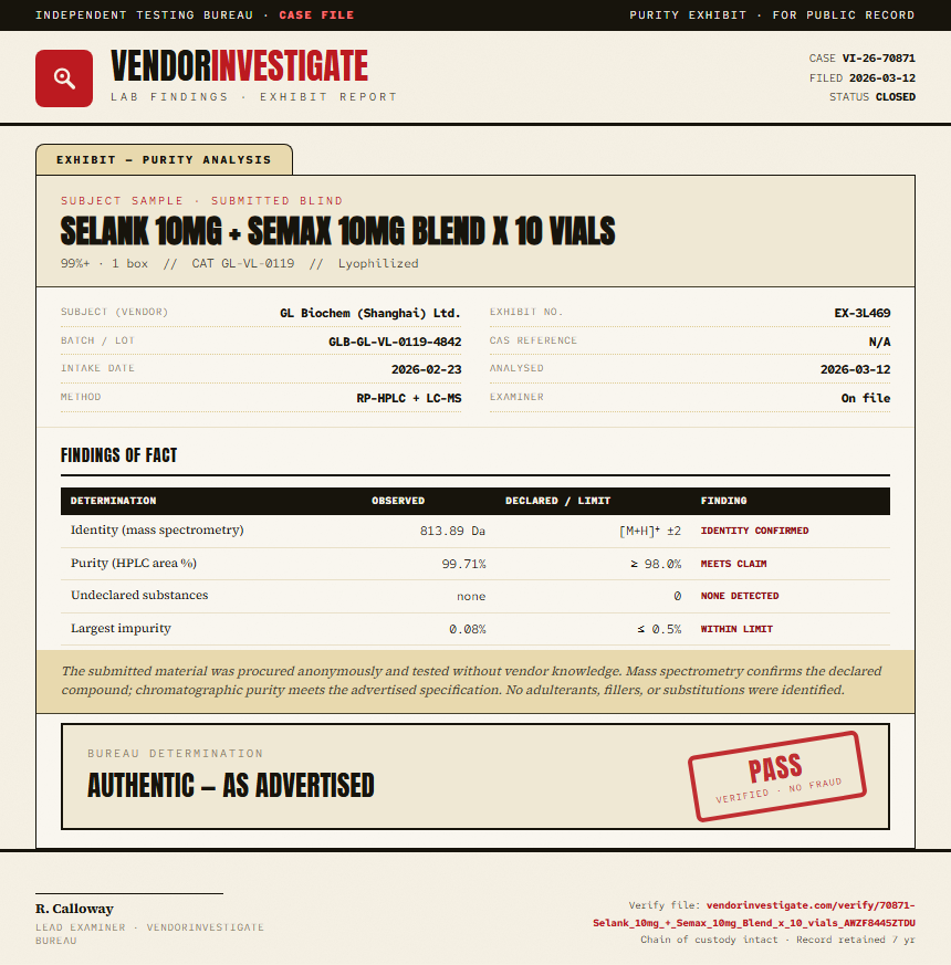 Selank 10mg + Semax 10mg Blend x 10 vials Purity (HPLC) report by VendorInvestigate