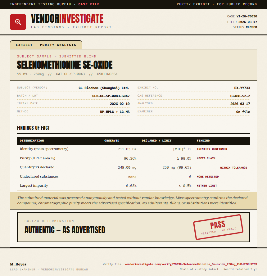 Selenomethionine Se-oxide Purity (HPLC) report by VendorInvestigate