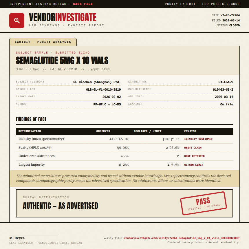 Semaglutide 5mg x 10 vials Purity (HPLC) report by VendorInvestigate