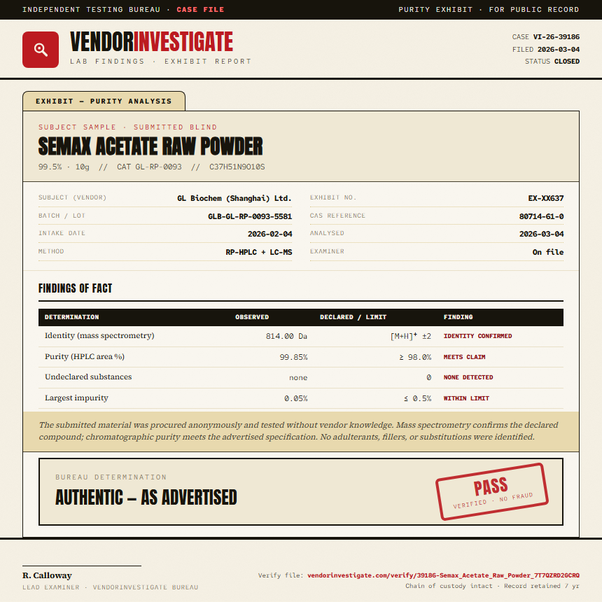 Semax Acetate Raw Powder Purity (HPLC) report by VendorInvestigate