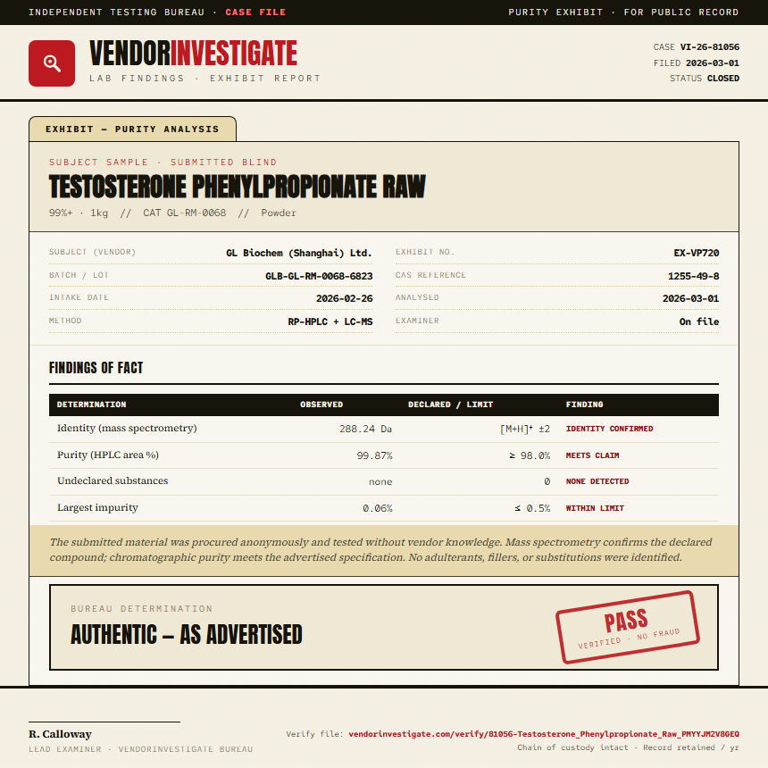 Testosterone Phenylpropionate Raw Purity (HPLC) report by VendorInvestigate