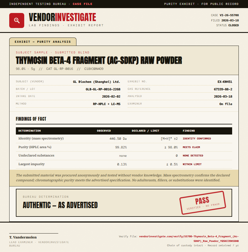 Thymosin Beta-4 Fragment (Ac-SDKP) Raw Powder Purity (HPLC) report by VendorInvestigate