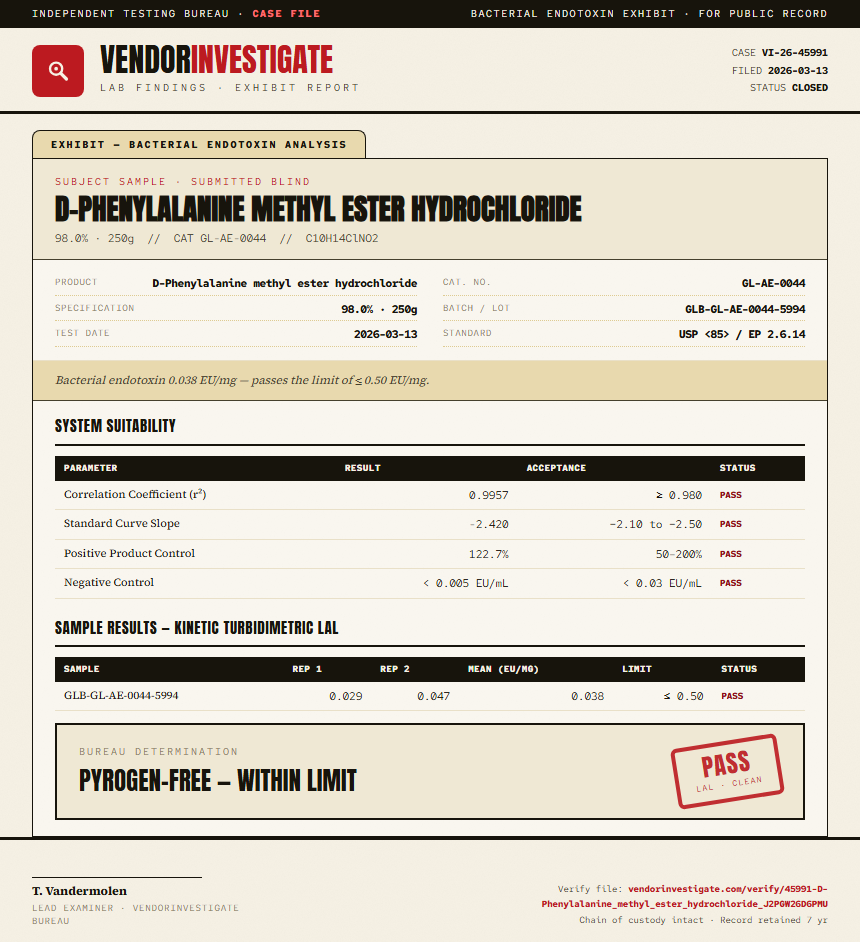 D-Phenylalanine methyl ester hydrochloride Endotoxin report by VendorInvestigate