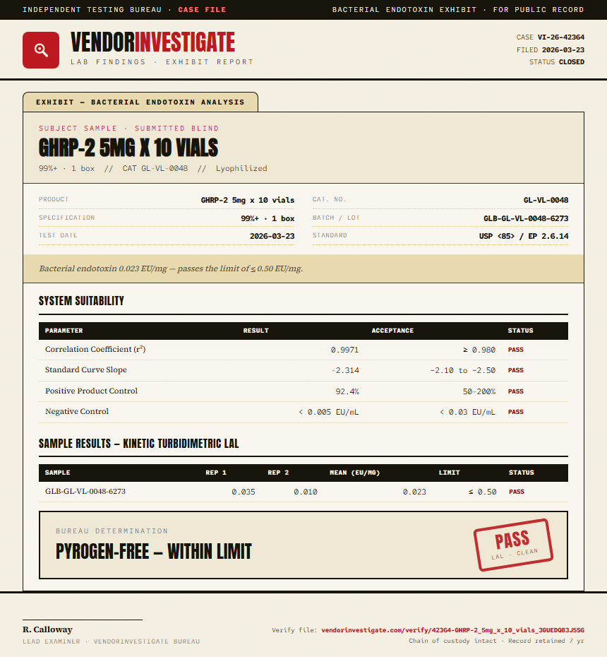 GHRP-2 5mg x 10 vials Endotoxin report by VendorInvestigate