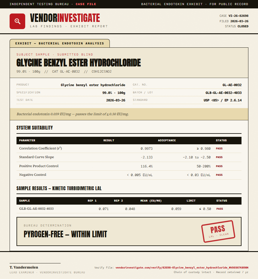 Glycine benzyl ester hydrochloride Endotoxin report by VendorInvestigate