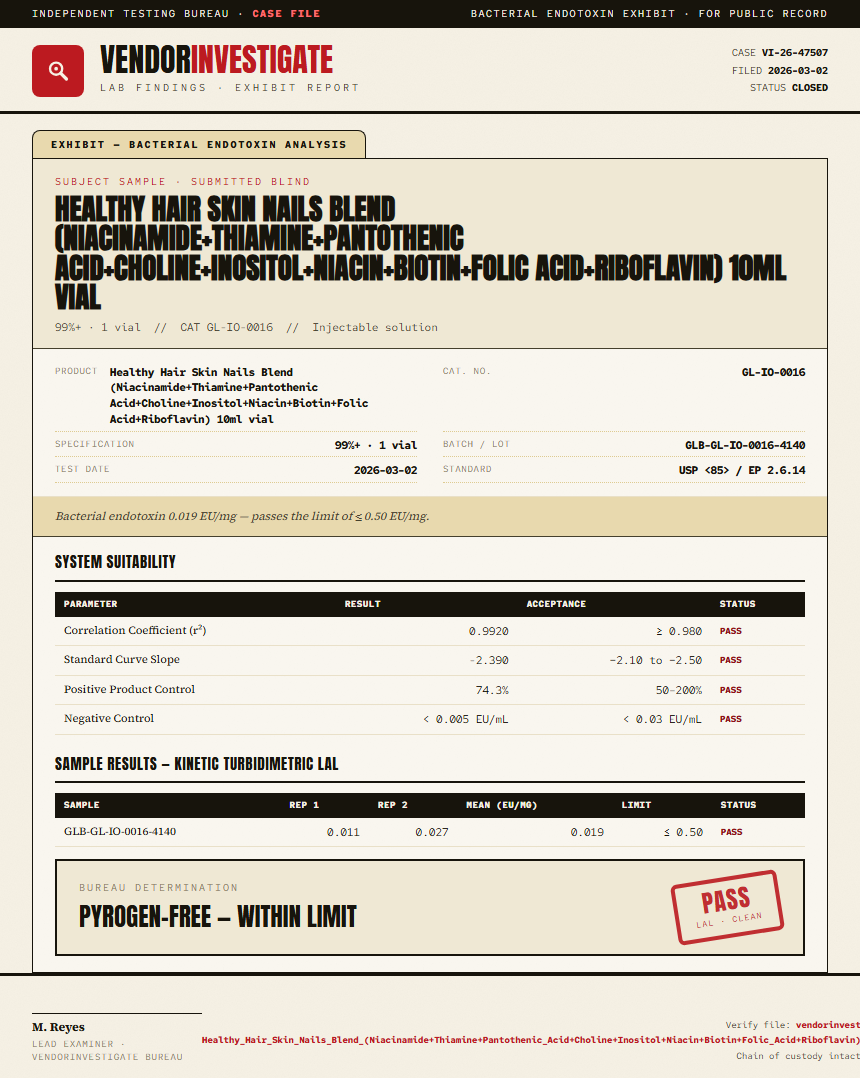 Healthy Hair Skin Nails Blend (Niacinamide+Thiamine+Pantothenic Acid+Choline+Inositol+Niacin+Biotin+Folic Acid+Riboflavin) 10ml vial Endotoxin report by VendorInvestigate