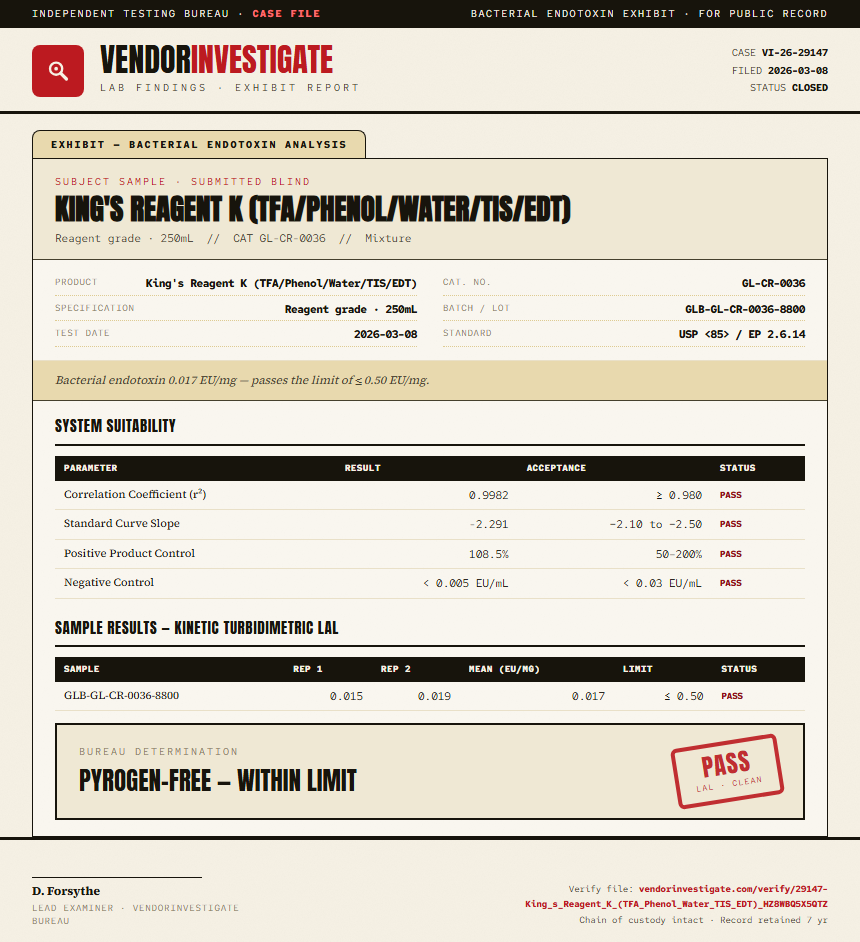 King's Reagent K (TFA/Phenol/Water/TIS/EDT) Endotoxin report by VendorInvestigate