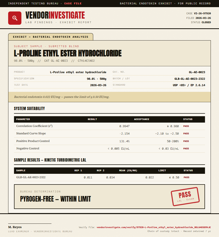 L-Proline ethyl ester hydrochloride Endotoxin report by VendorInvestigate