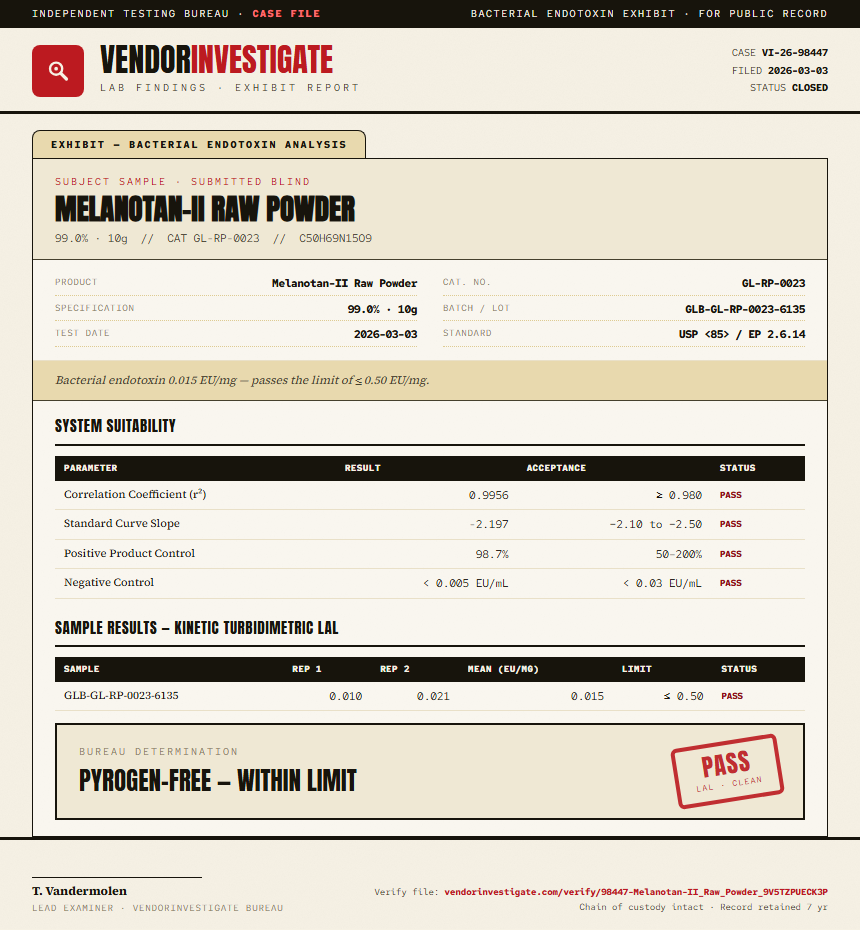 Melanotan-II Raw Powder Endotoxin report by VendorInvestigate