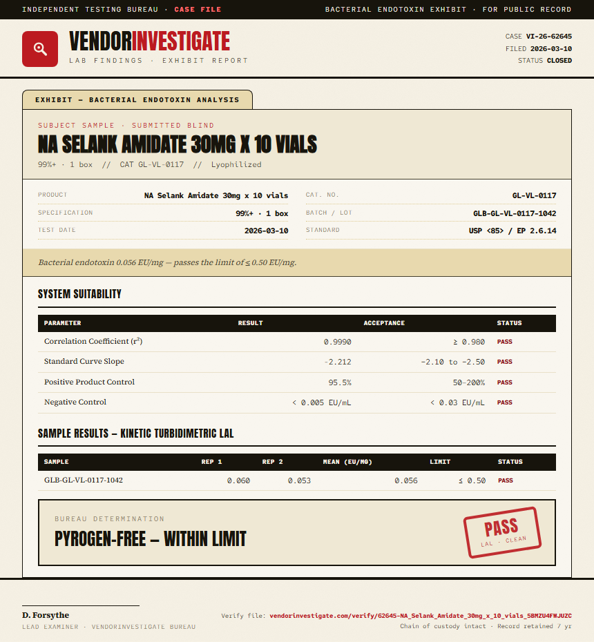 NA Selank Amidate 30mg x 10 vials Endotoxin report by VendorInvestigate