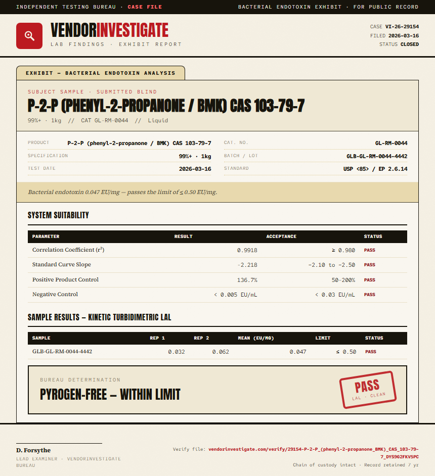 P-2-P (phenyl-2-propanone / BMK) CAS 103-79-7 Endotoxin report by VendorInvestigate