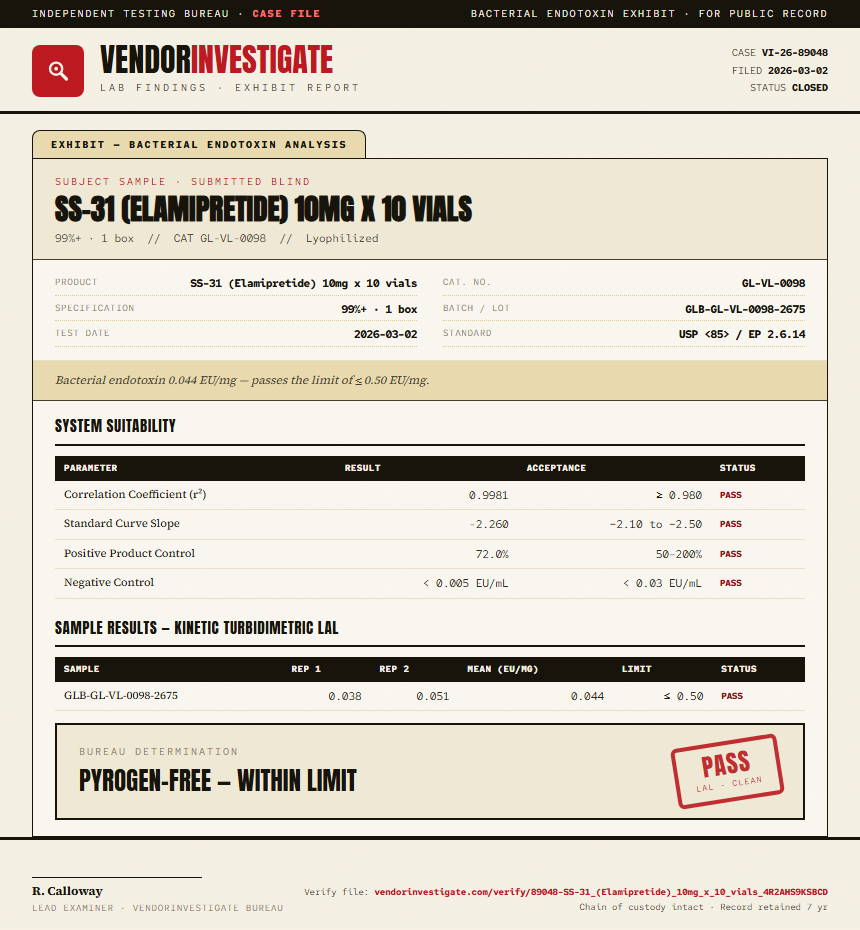 SS-31 (Elamipretide) 10mg x 10 vials Endotoxin report by VendorInvestigate