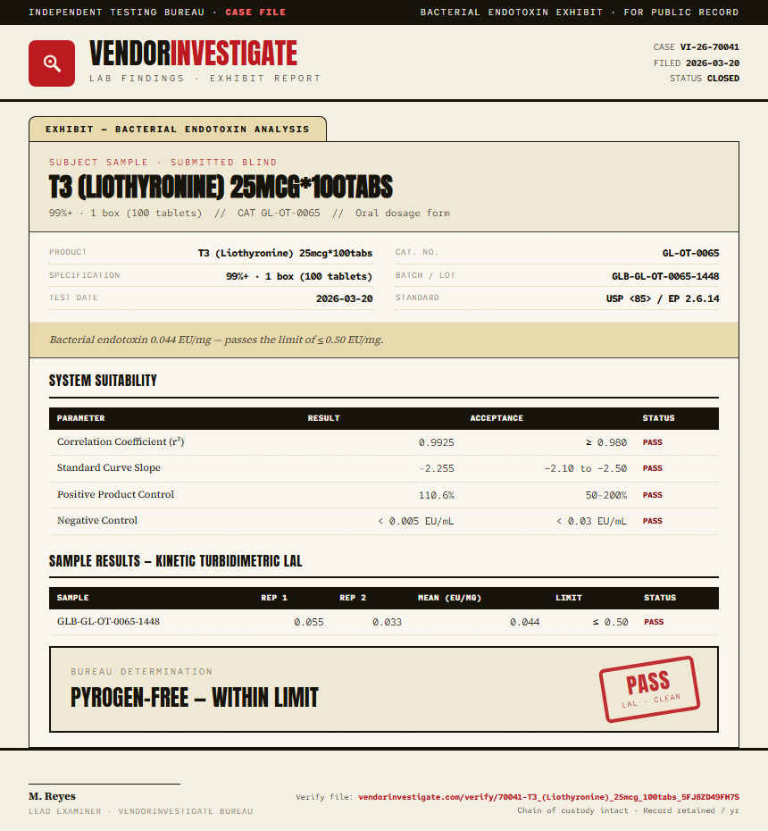 T3 (Liothyronine) 25mcg*100tabs Endotoxin report by VendorInvestigate