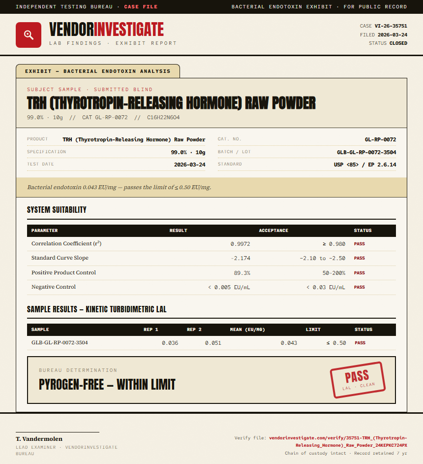 TRH (Thyrotropin-Releasing Hormone) Raw Powder Endotoxin report by VendorInvestigate