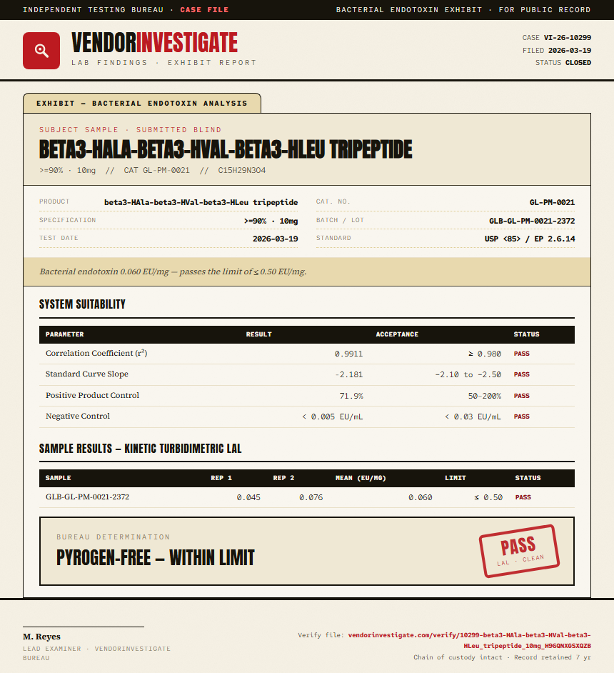 beta3-HAla-beta3-HVal-beta3-HLeu tripeptide Endotoxin report by VendorInvestigate