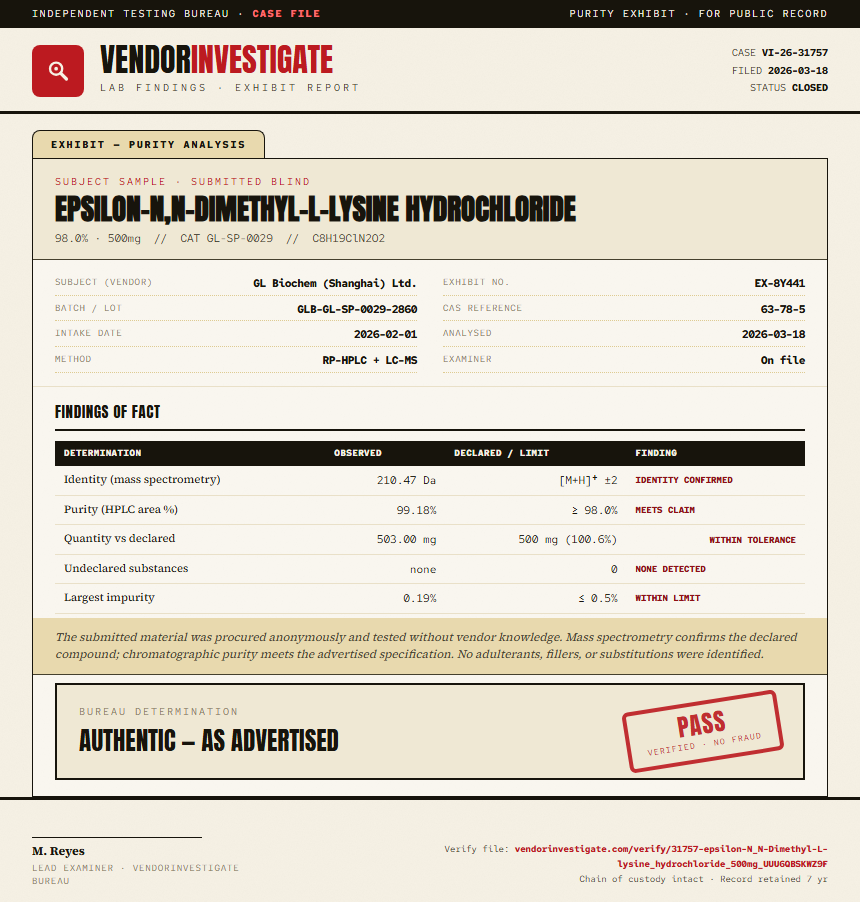 epsilon-N,N-Dimethyl-L-lysine hydrochloride Purity (HPLC) report by VendorInvestigate