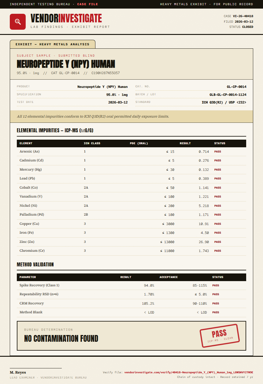 Neuropeptide Y (NPY) Human Heavy Metals report by VendorInvestigate