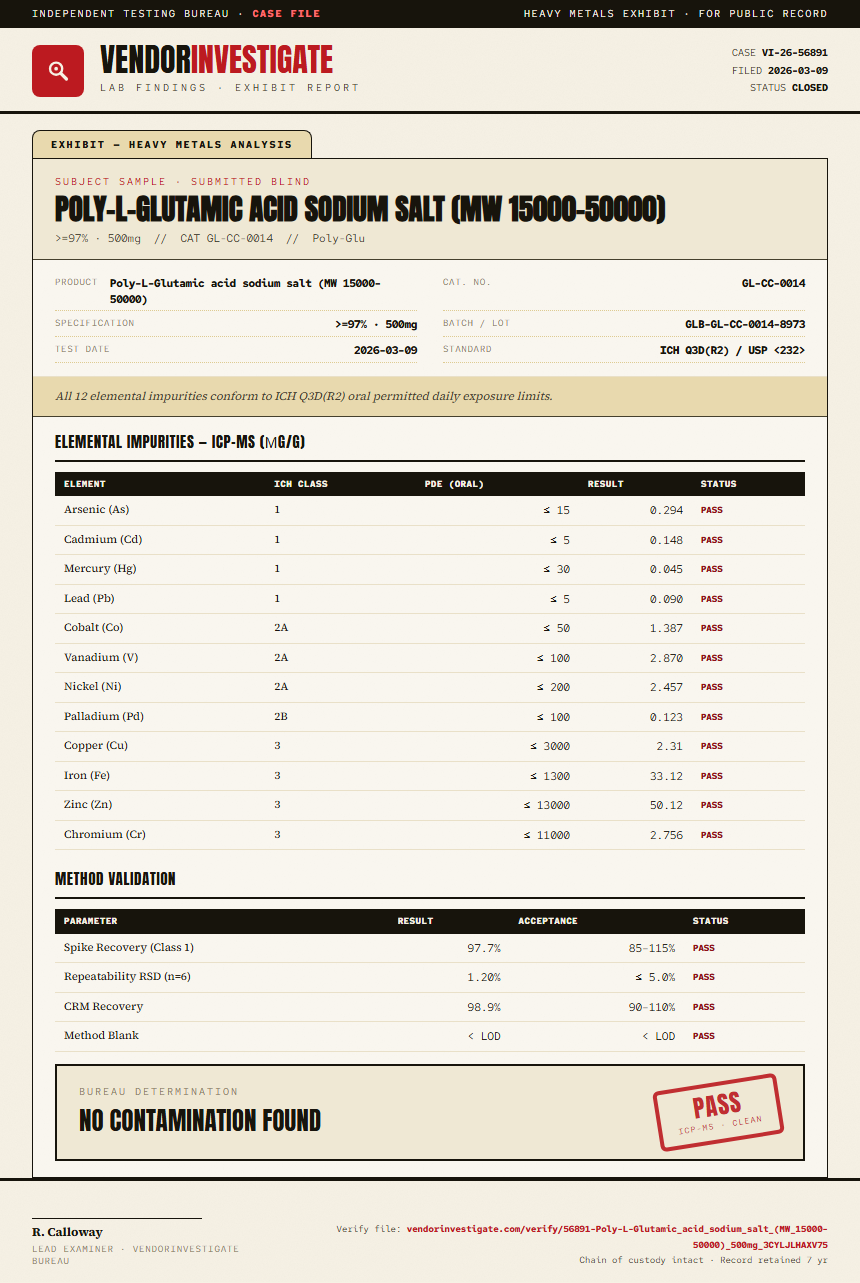 Poly-L-Glutamic acid sodium salt (MW 15000-50000) Heavy Metals report by VendorInvestigate