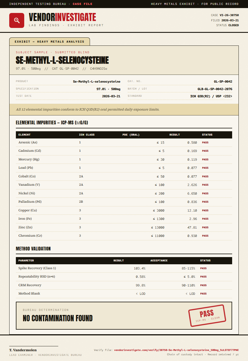 Se-Methyl-L-selenocysteine Heavy Metals report by VendorInvestigate