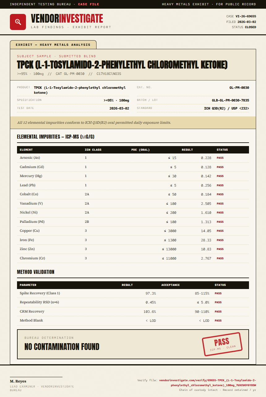 TPCK (L-1-Tosylamido-2-phenylethyl chloromethyl ketone) Heavy Metals report by VendorInvestigate