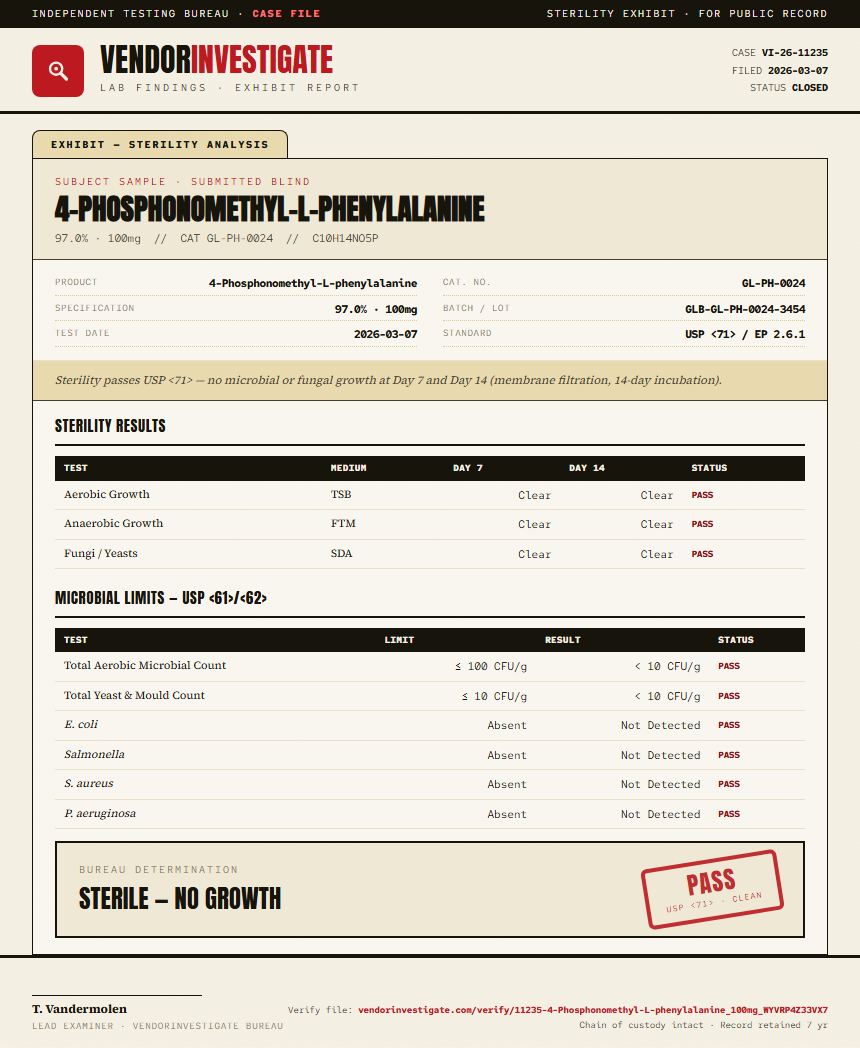 4-Phosphonomethyl-L-phenylalanine Sterility report by VendorInvestigate
