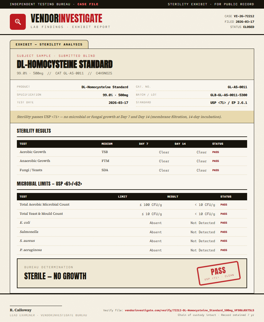 DL-Homocysteine Standard Sterility report by VendorInvestigate