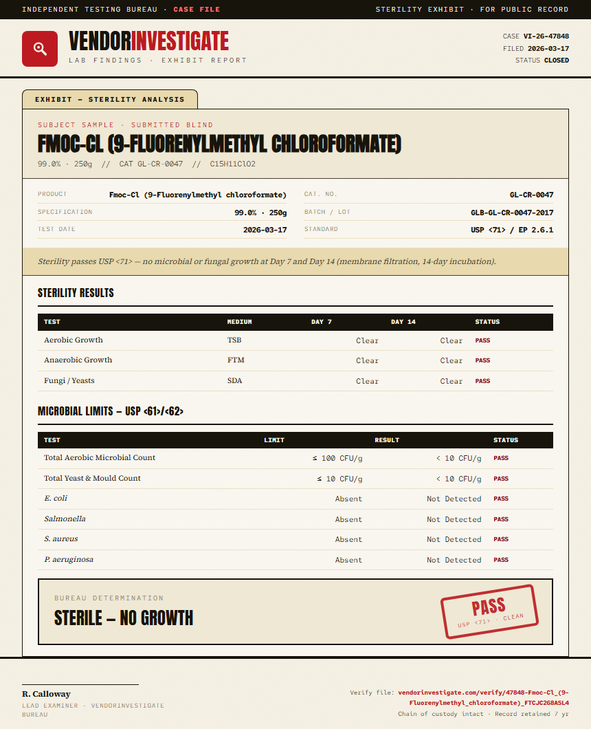 Fmoc-Cl (9-Fluorenylmethyl chloroformate) Sterility report by VendorInvestigate