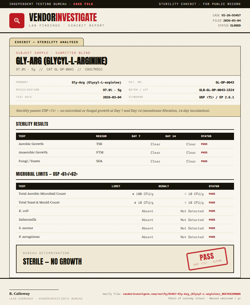 Gly-Arg (Glycyl-L-arginine) Sterility report by VendorInvestigate
