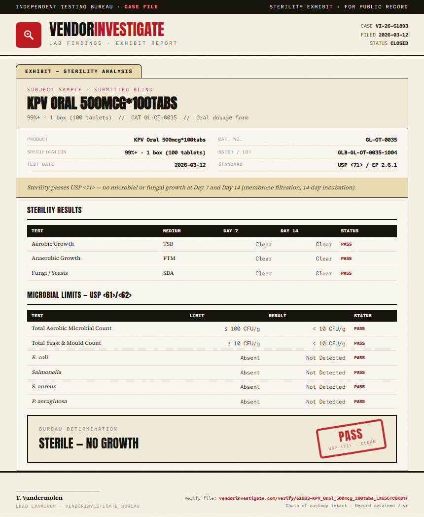 KPV Oral 500mcg*100tabs Sterility report by VendorInvestigate
