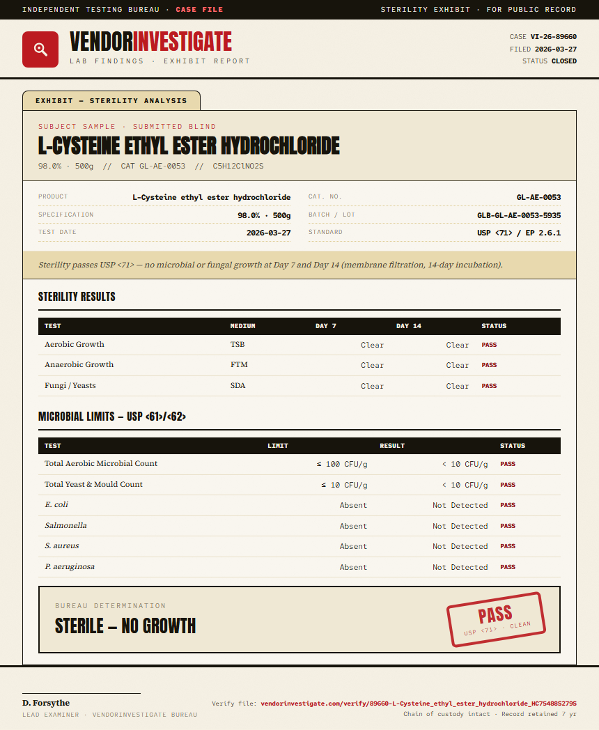L-Cysteine ethyl ester hydrochloride Sterility report by VendorInvestigate