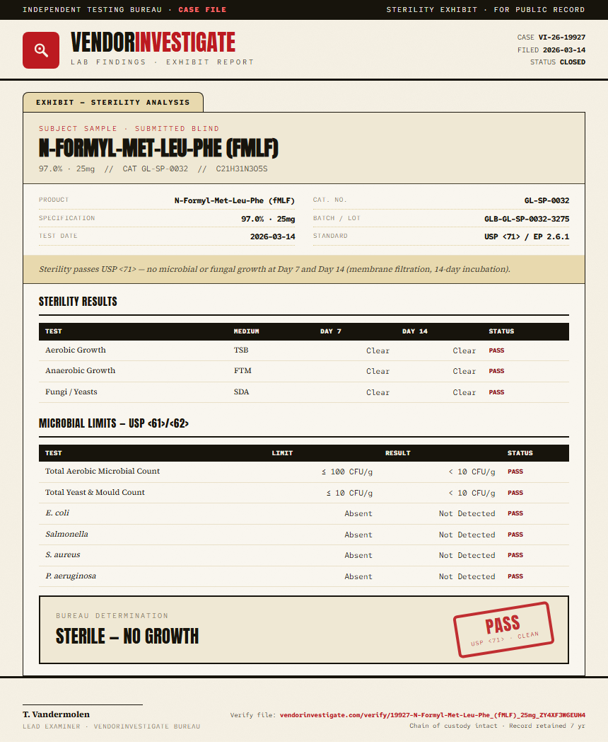 N-Formyl-Met-Leu-Phe (fMLF) Sterility report by VendorInvestigate