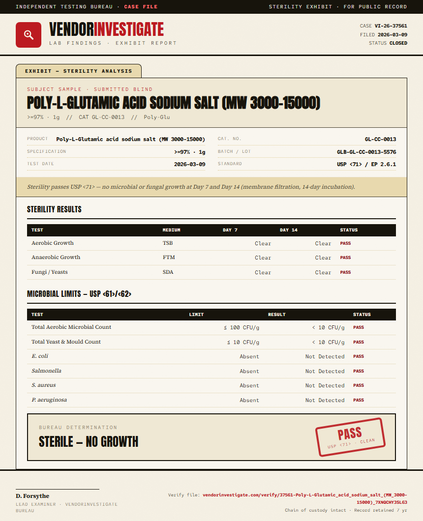 Poly-L-Glutamic acid sodium salt (MW 3000-15000) Sterility report by VendorInvestigate