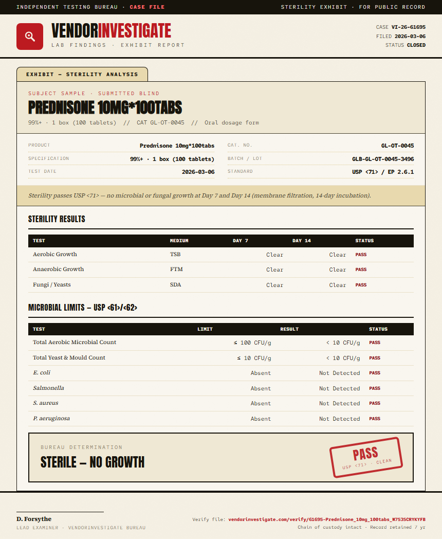 Prednisone 10mg*100tabs Sterility report by VendorInvestigate